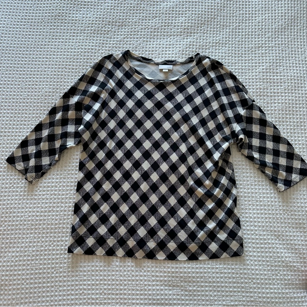 J Jill Womens Size M Buffalo Plaid 3/4 Sleeve Blouse Top Black White Scoop Neck
